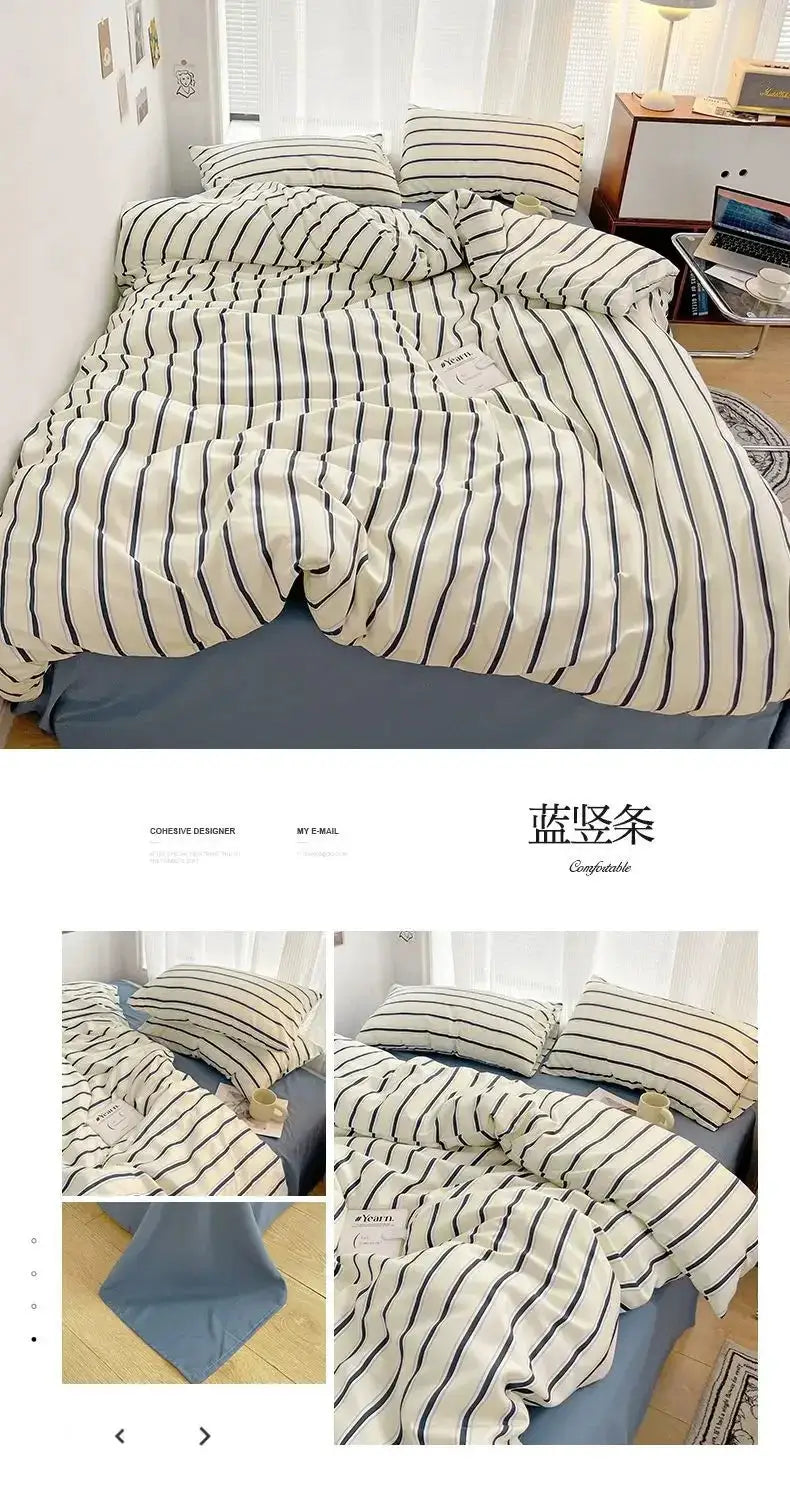 Duvet cover and four-piece washed cotton bed sheet set in red and blue stripes on a neatly made bed.