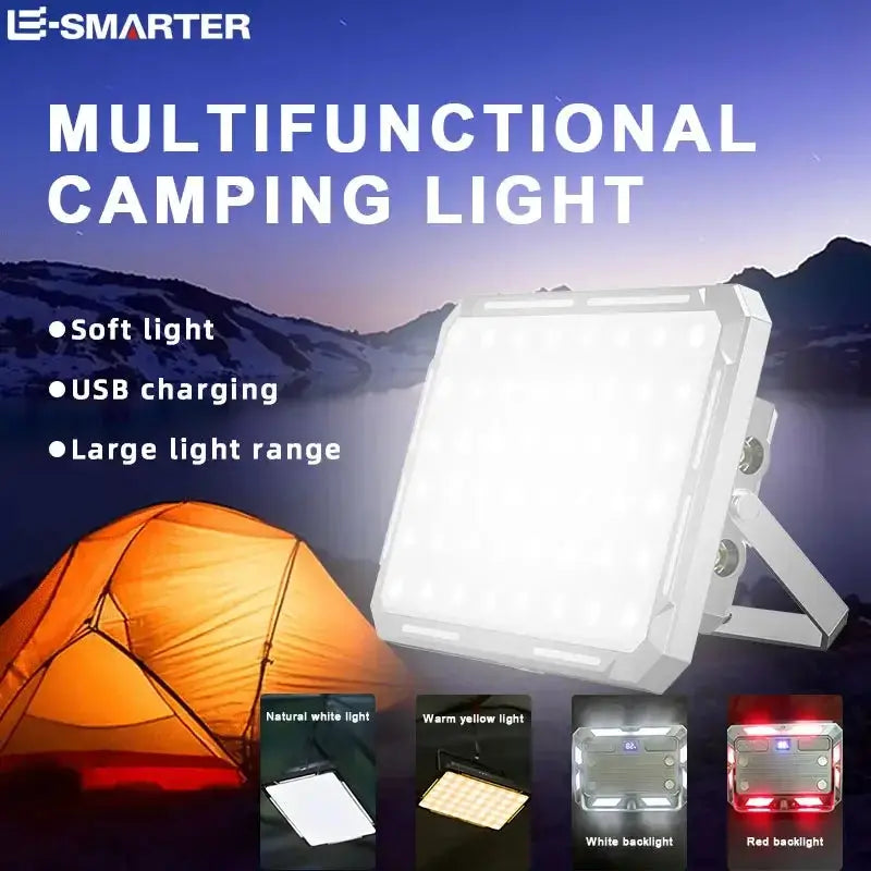 LED camping tent light by Simples Market; rechargeable, USB-charging floodlight with portable hanging design, waterproof.