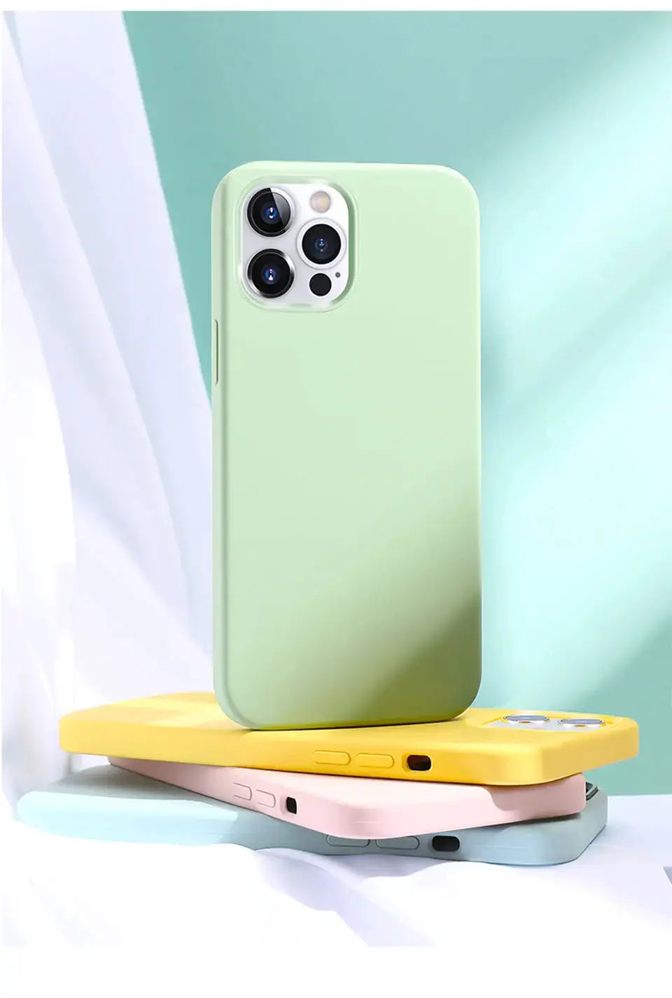 Simples Market original liquid silicone iPhone case in mint green; set of four pastel yellow, pink, blue cases stacked