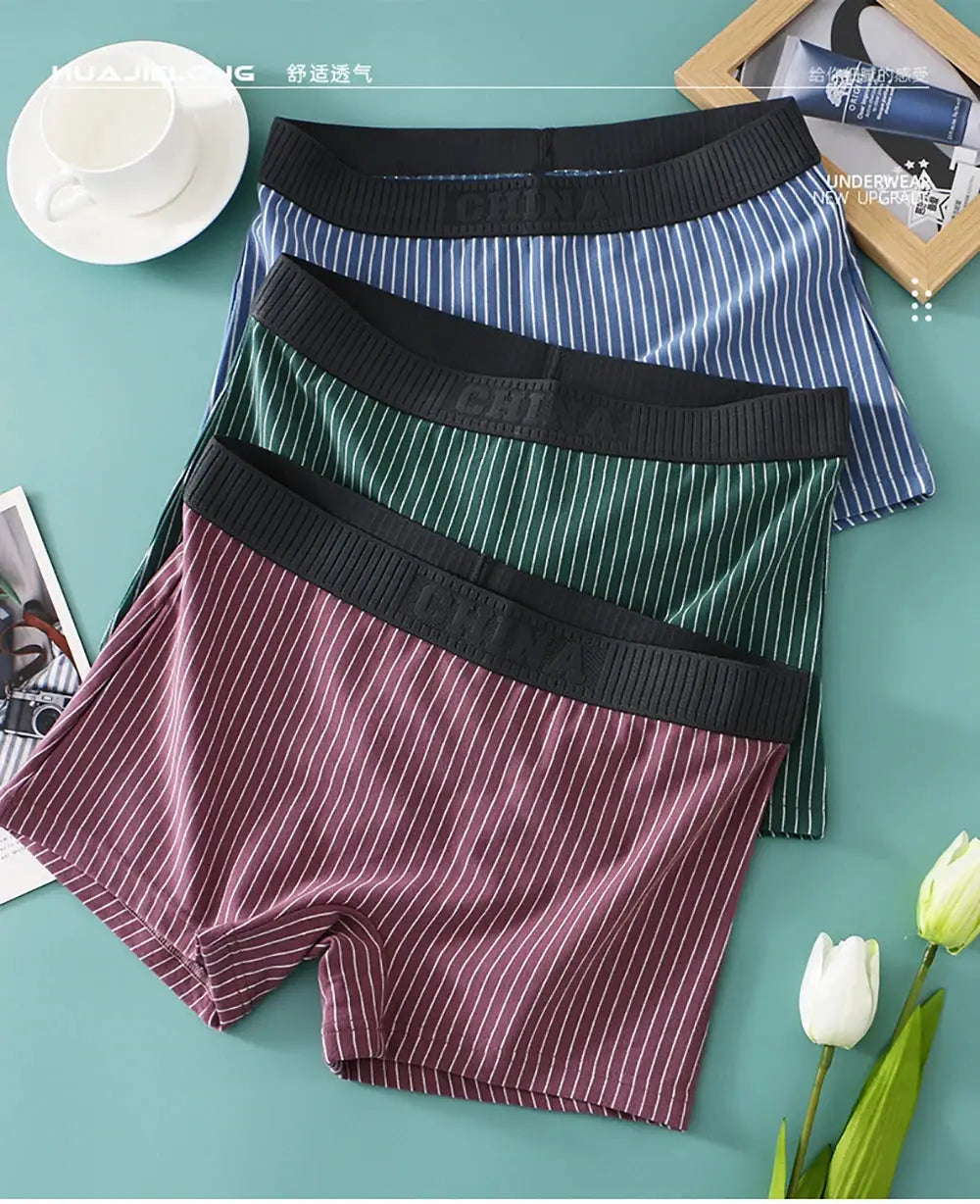 Simples Market 3-pack cotton striped women's boyshorts; blue, green, and burgundy with white pinstripes, mid-rise, breathable