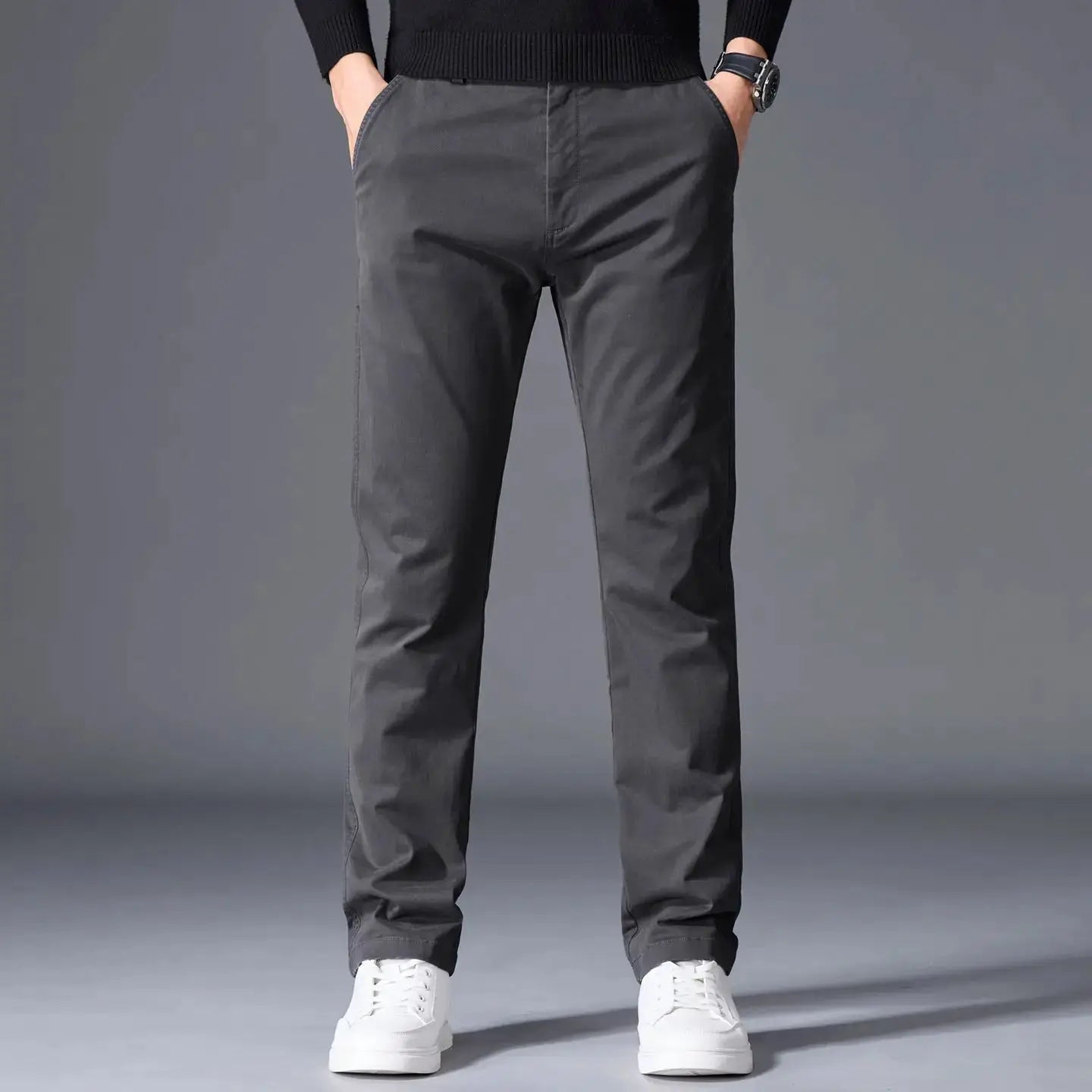 Men's cotton pants, straight-leg with elastic waistband, charcoal gray solid color