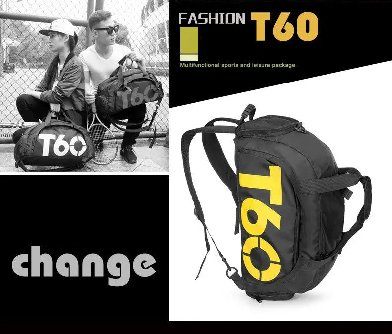 Gym bag waterproof fitness bag by Simples Market, black with large yellow T60 logo.