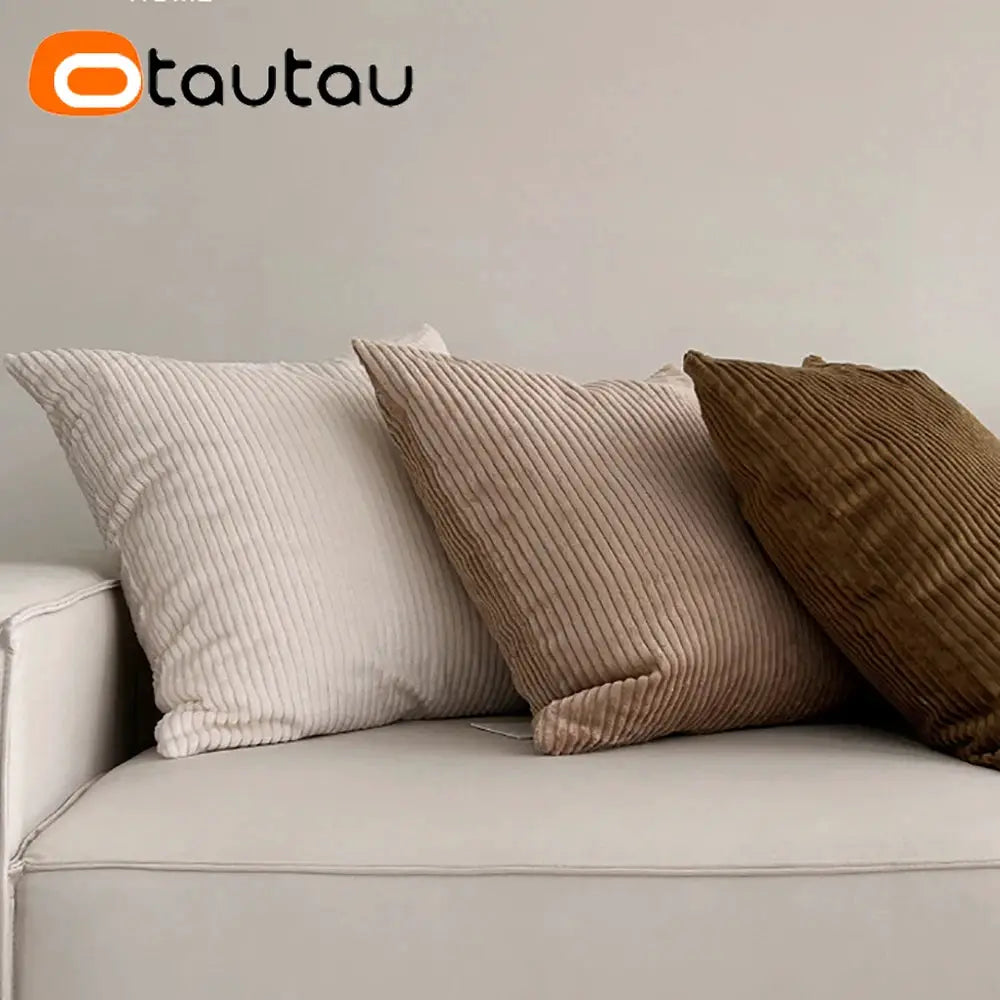 OTAUTAU cotton corduroy cushion covers set of 3 in white, beige and brown with no insert on cream sofa