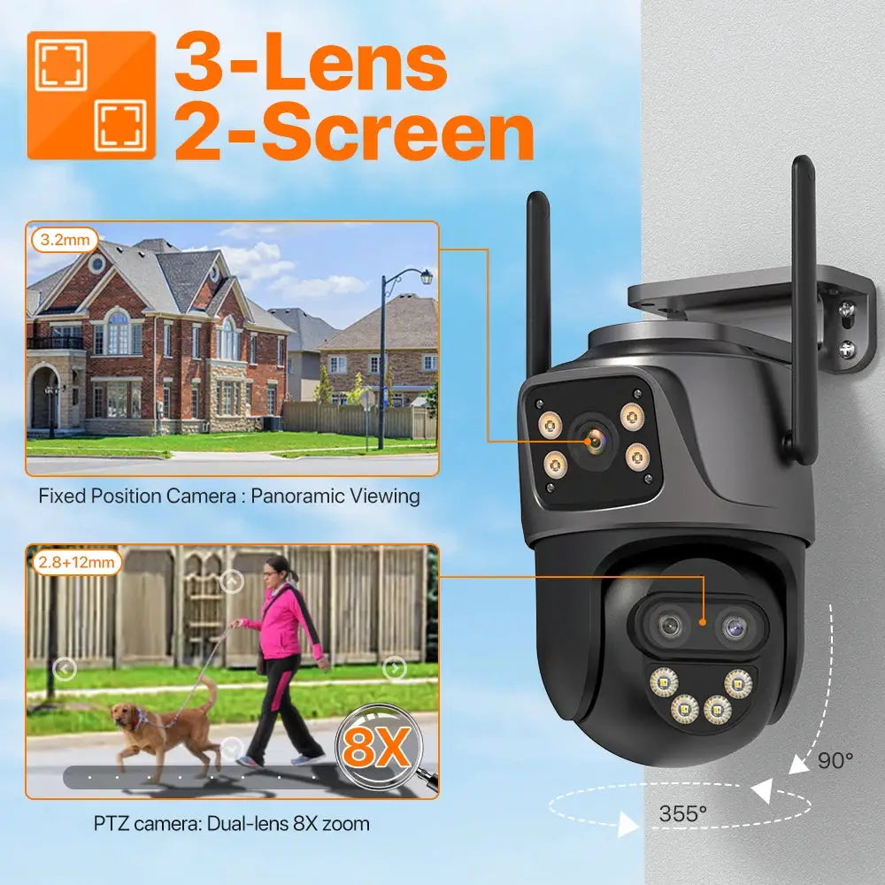 Black IP Camera 6K 9MP HD WiFi Outdoor PTZ with 8x zoom, three-lens dual-screen surveillance camera