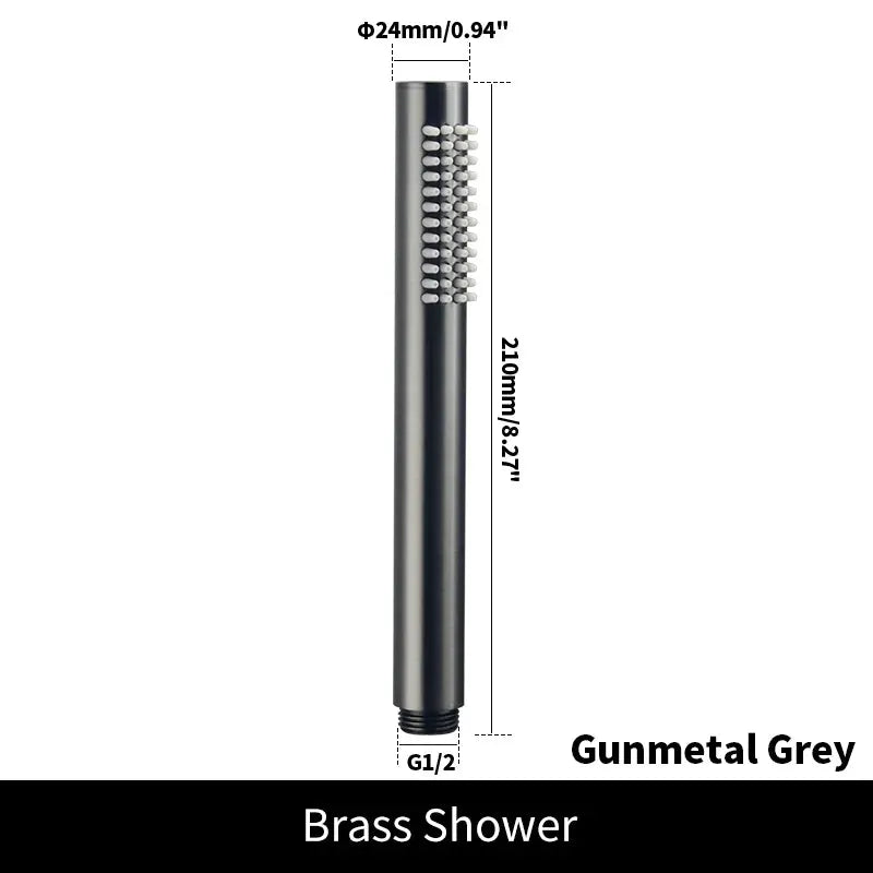 Gunmetal grey brass handheld shower head with brushed finish, 210mm long, G1/2 connection