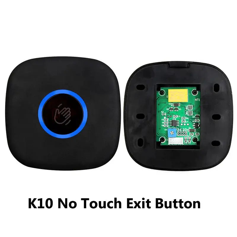 K10 no touch exit button, black plastic with blue LED ring, front and back views.