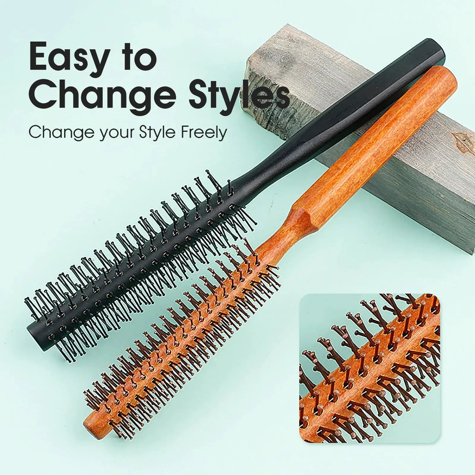 Three wooden-handle circular hair brushes with nylon teeth in black, wood, and orange
