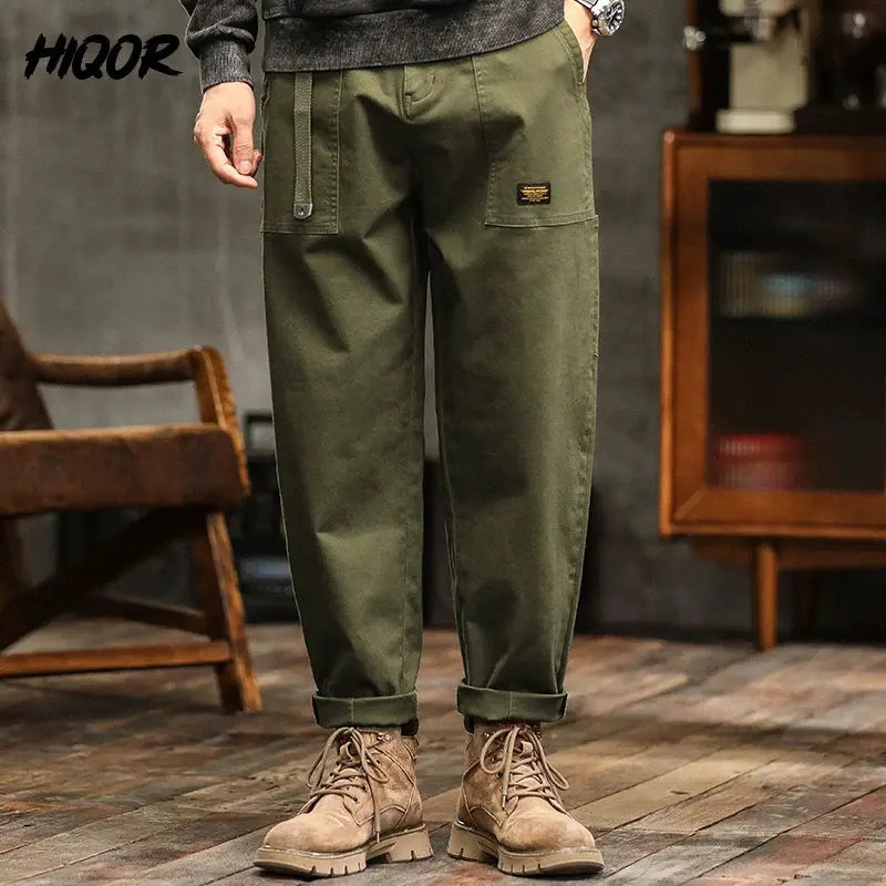 HIQOR men's olive cargo pants, cotton, loose straight fit with belt, paired with tan boots