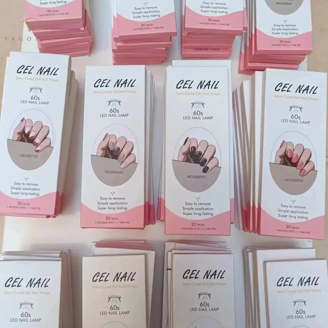Gel Nail Wraps boxes by Simples Market; white and pink packaging with 60s LED nail lamp graphic, multiple packs displayed.