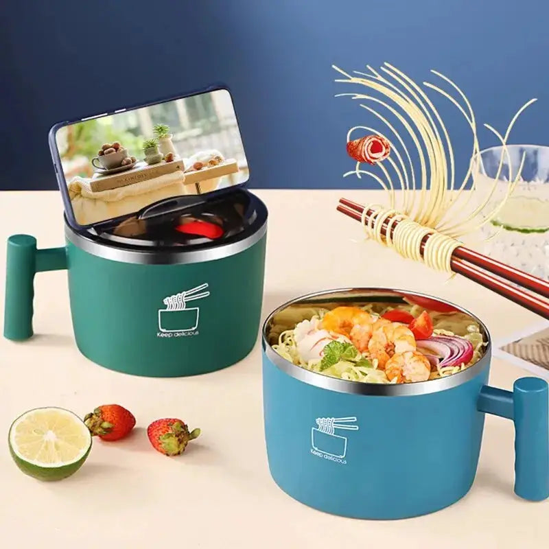 Stainless Steel Noodle Bowl With Lid Sealed Portable Drain Bowl