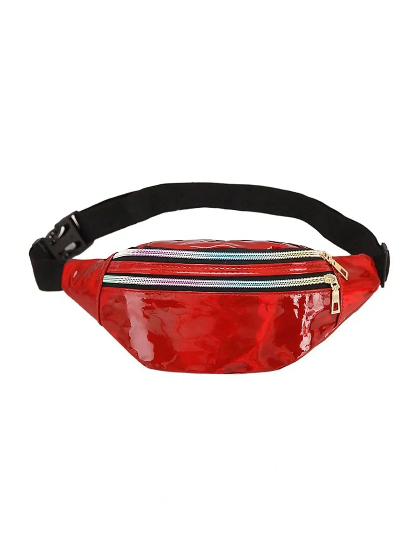Waist bag red holographic with black adjustable strap and dual-zip pockets.