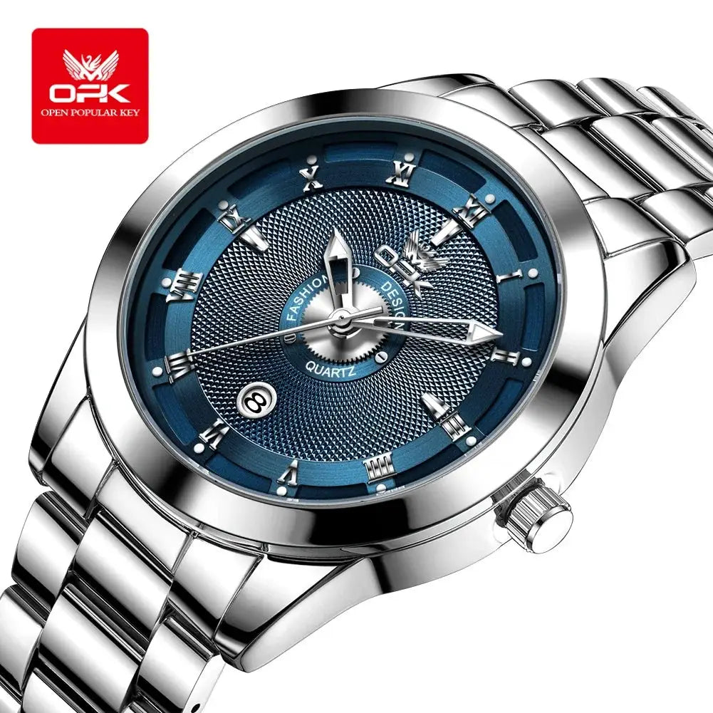 OPK 6056 men's stainless steel watch with blue dial and Roman numeral markers.