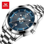 OPK 6056 men's stainless steel watch with blue dial and Roman numeral markers.