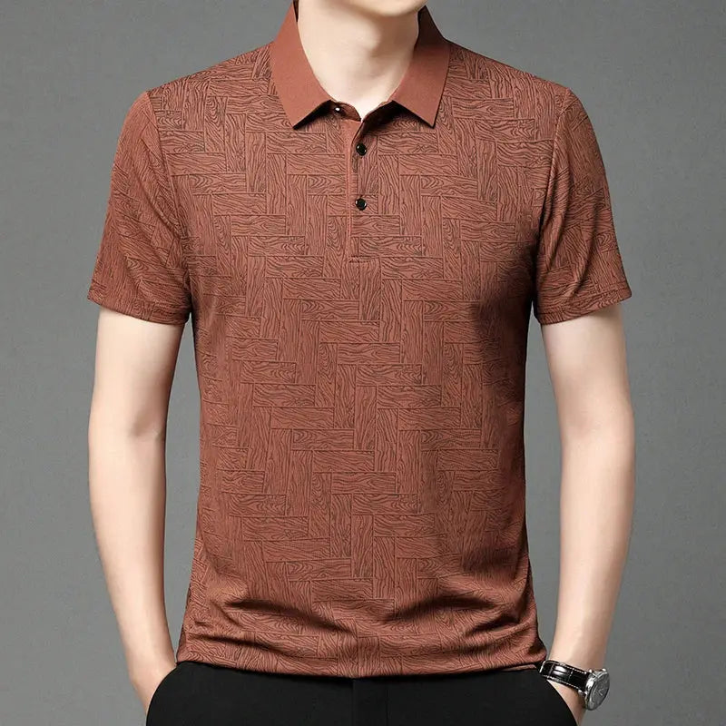 Men's brown geometric-pattern polo shirt with short sleeves