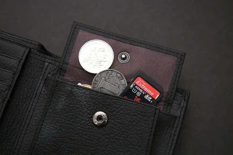 Men's black genuine leather wallet with purple interior, coin pocket and card slots