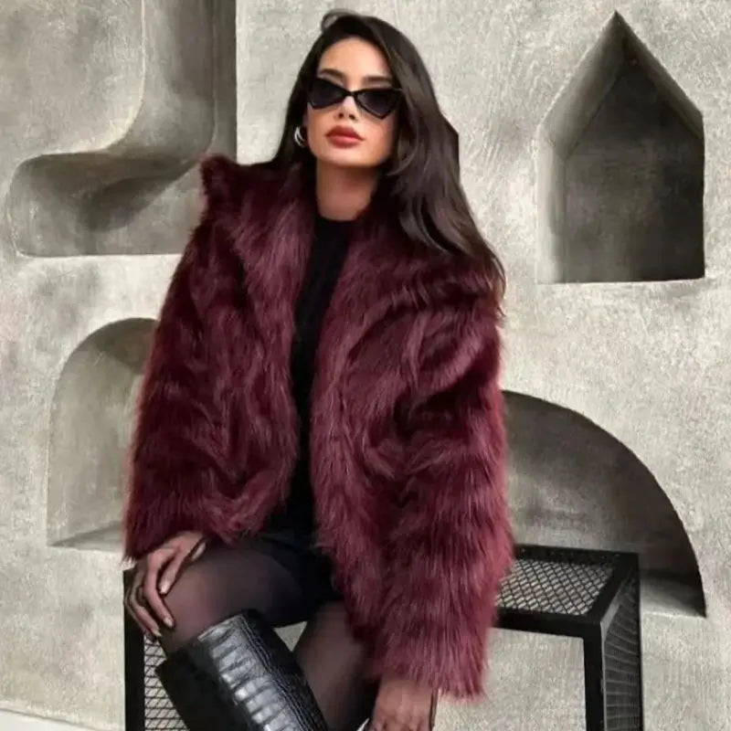 HXAO Womens Plush Burgundy Bomber Jacket Fur Coat For Warm Winter Comfort And Style
