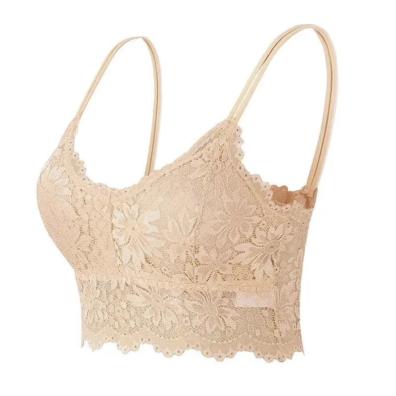 Women's beige lace bralette top with floral pattern, wireless longline lingerie
