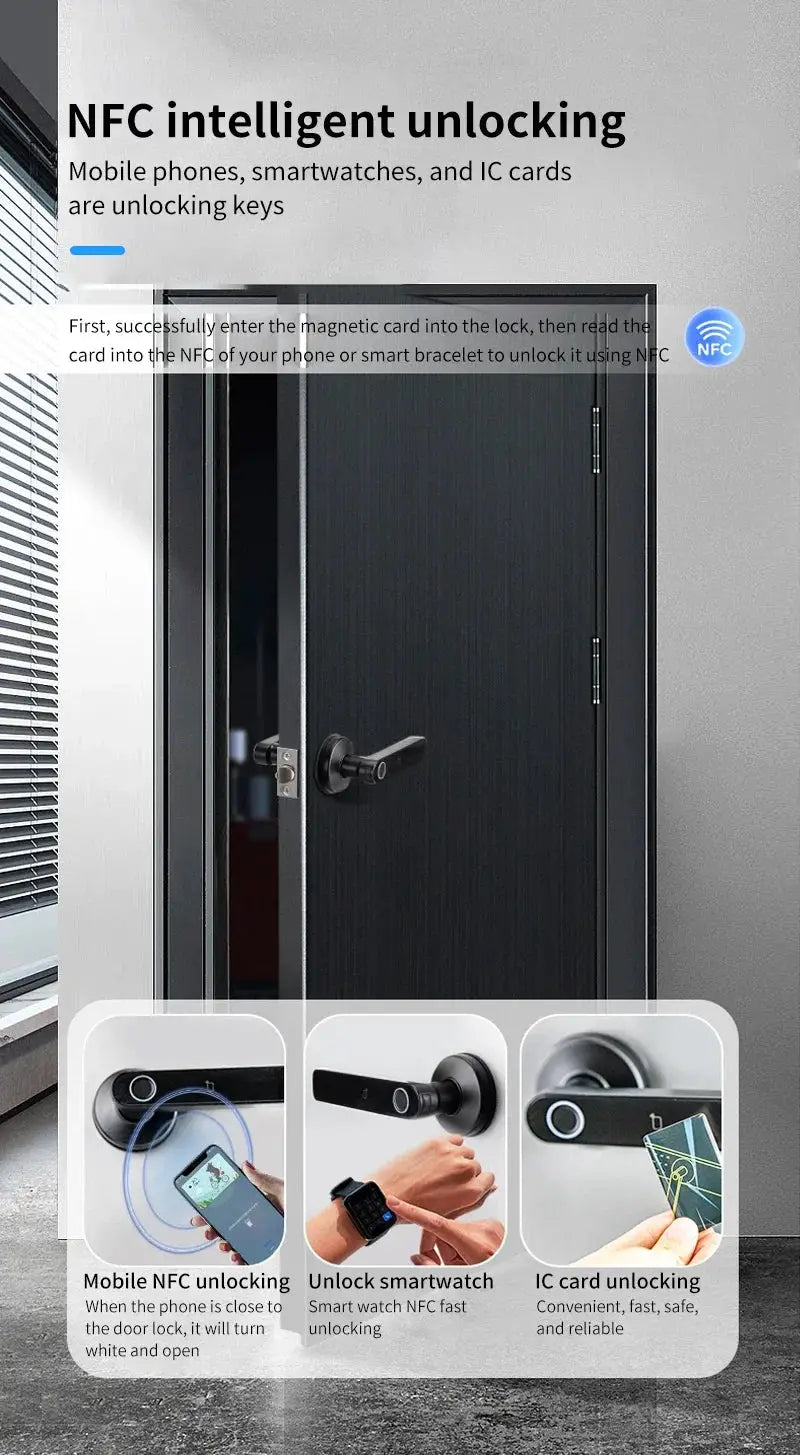 Smart fingerprint door lock for wooden doors with NFC, Bluetooth app control, IP65, black finish