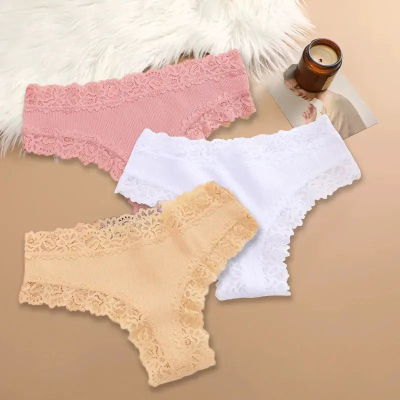 3-pack women's cotton lace briefs by Simples Market in pink, white, and peach