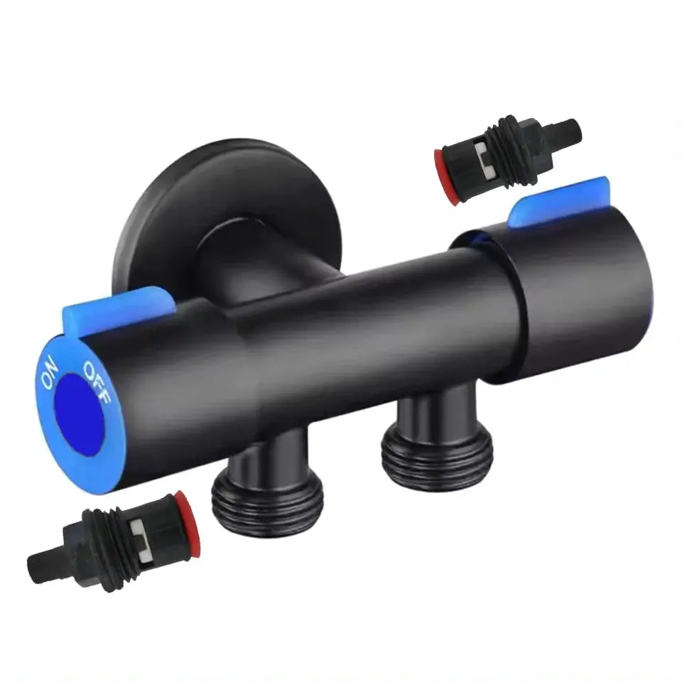 Stainless steel angle valve with 1 inlet and 2 outlets, dual control, blue ON/OFF knob.