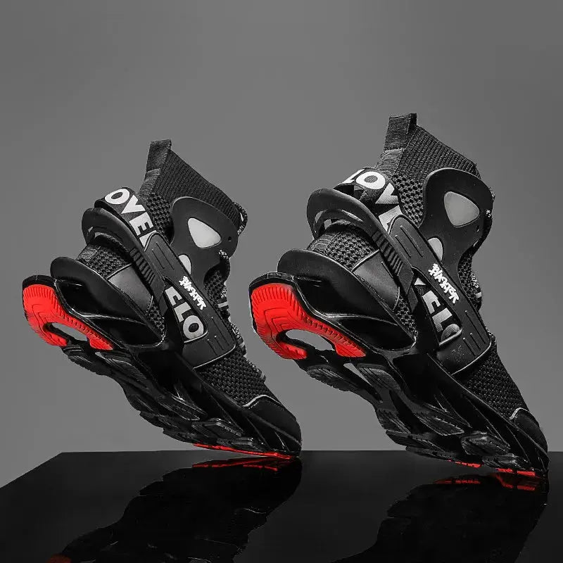 Simples Market men's sneakers, pair of black breathable running shoes with red accents