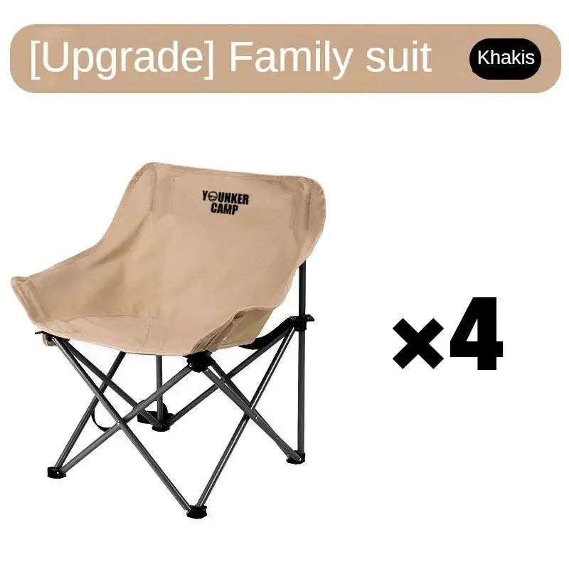 Outdoor folding moon chair, beige, 4-pack, Younker Camp with black metal frame.