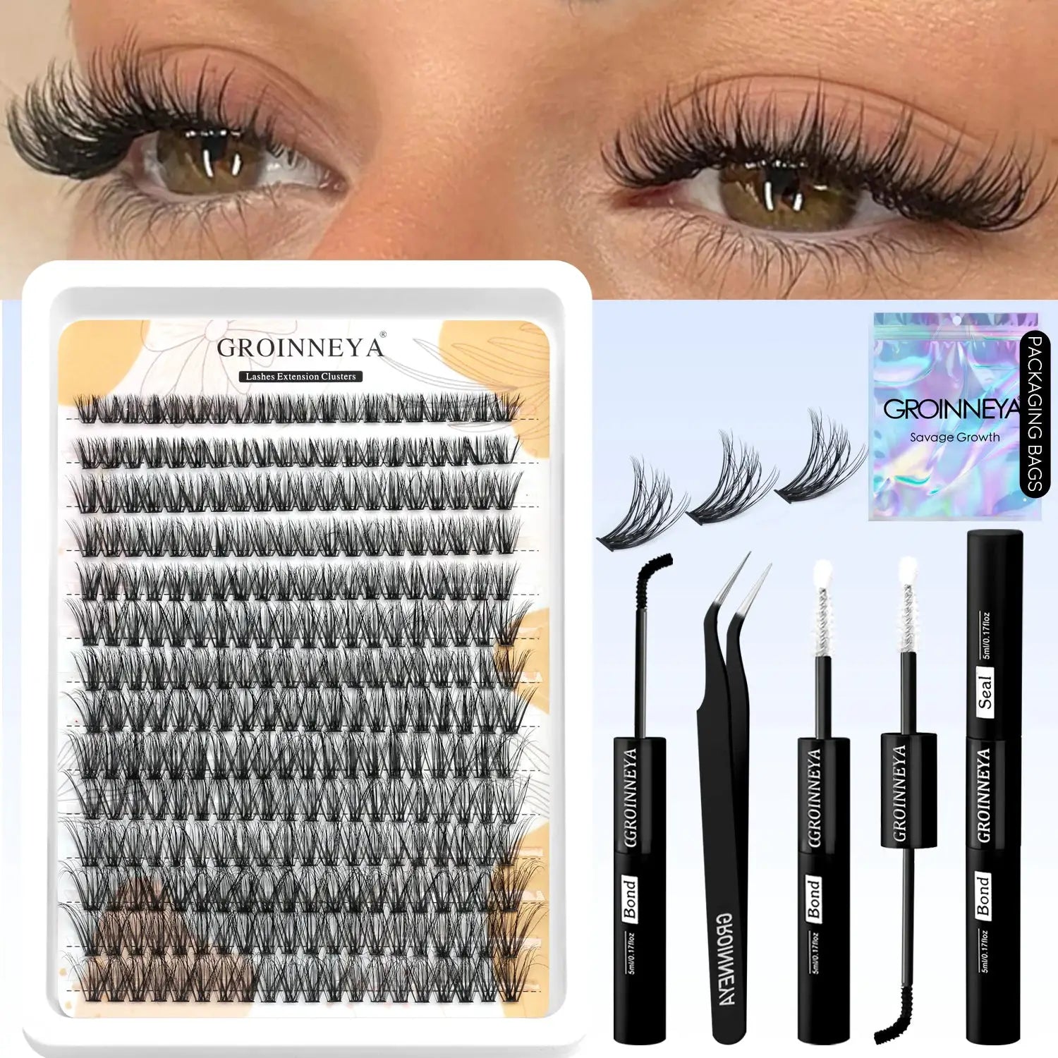 GROINNEYA Lash Clusters Kit Waterproof Strong Hold DIY Lash Extension Kit Bond And Seal Eyelash Tweezers Makeup