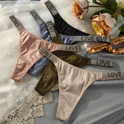 5 low-rise thongs with rhinestone LOVE waistband in assorted colors