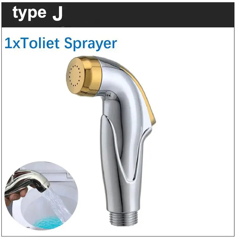 Handheld chrome bidet sprayer with gold spray head, ABS self-clean design, includes hose and holder