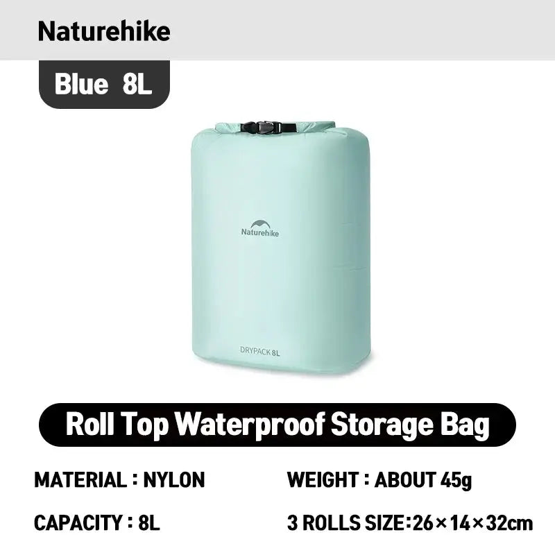 Naturehike blue roll-top waterproof storage bag, nylon 8L, lightweight travel organizer