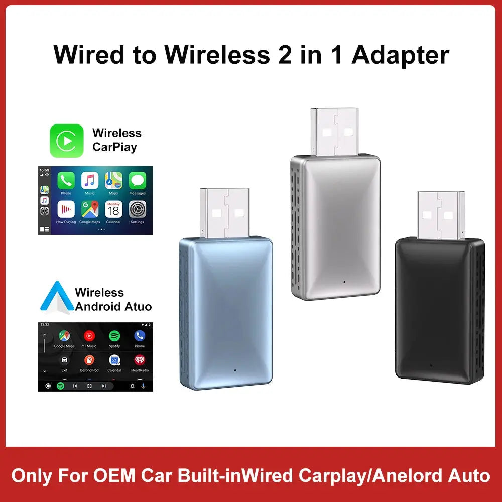 Original FLIXIVI 2-in-1 CarPlay wireless-wired adapter by Simples Market in blue, silver & black