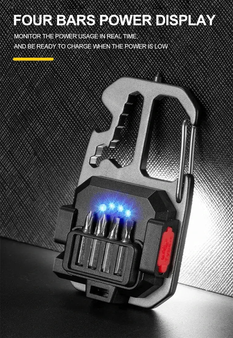 COB keychain work light; compact black LED with blue indicators and carabiner clip