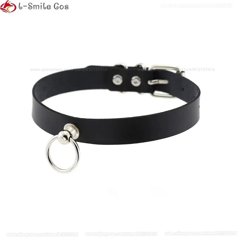 Cosplay choker necklace: black strap with silver ring and adjustable buckle
