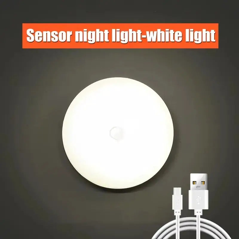 LED night light with motion sensor, disk-shaped white wireless cabinet lamp with USB charging cable