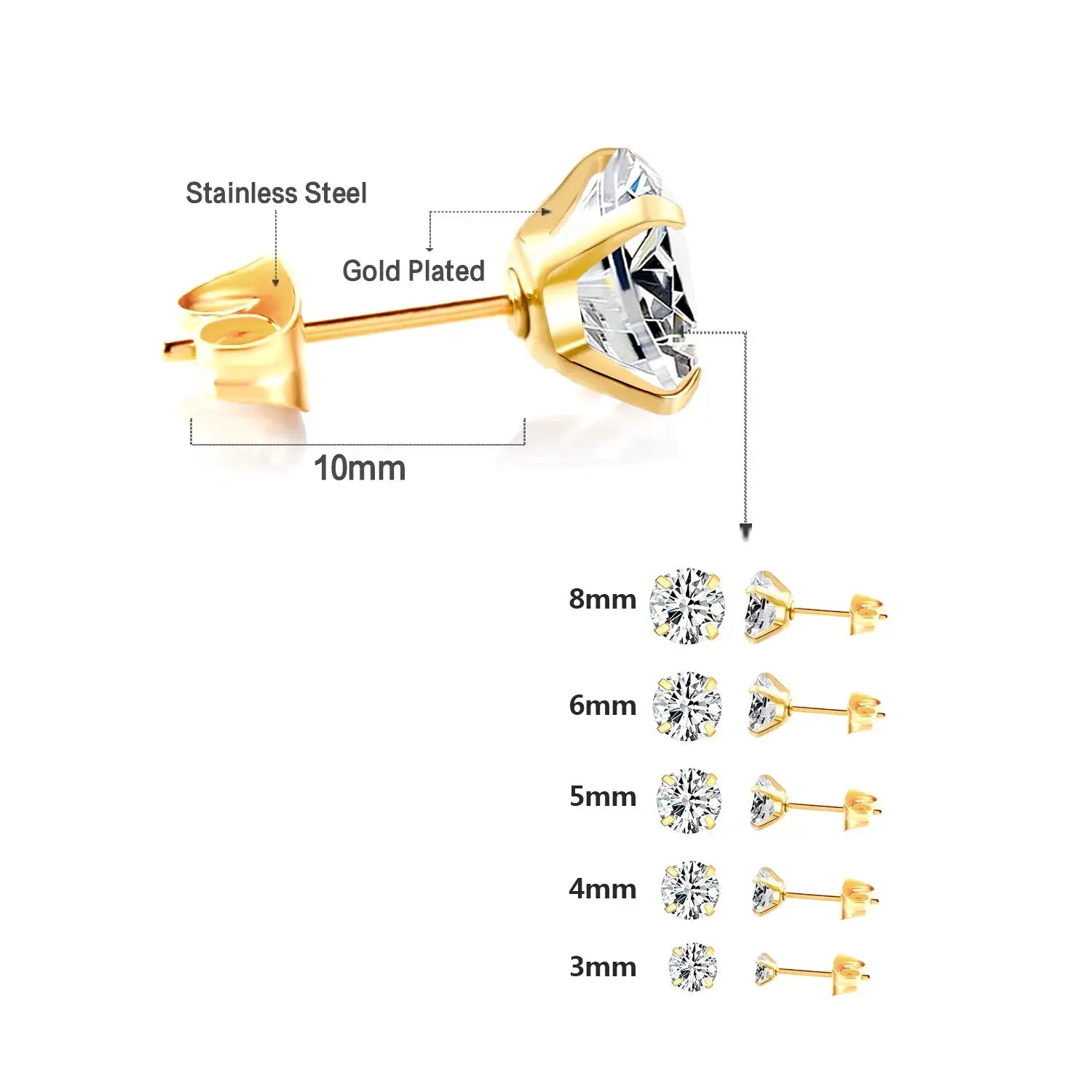 LUXUSTEEL gold-plated stainless steel crystal stud earrings, 4-prong round clear CZ, unisex pair (2 pcs)