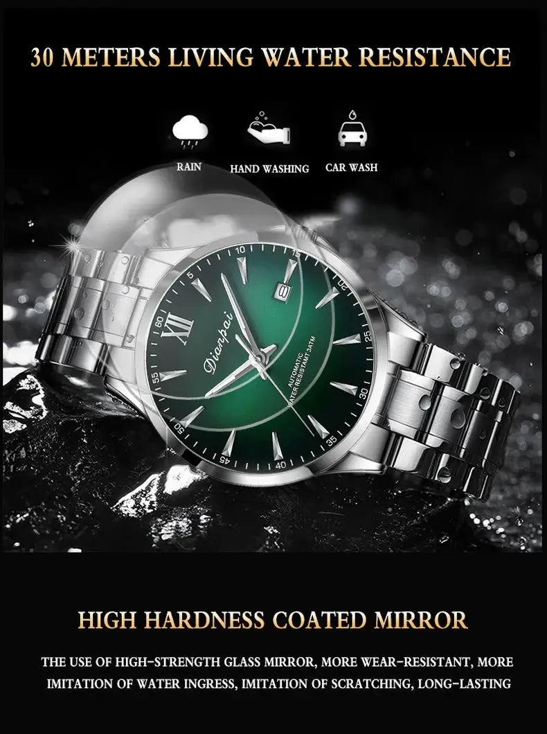 Dianpai men's stainless steel automatic watch with green dial, calendar date window, 30m water resistant