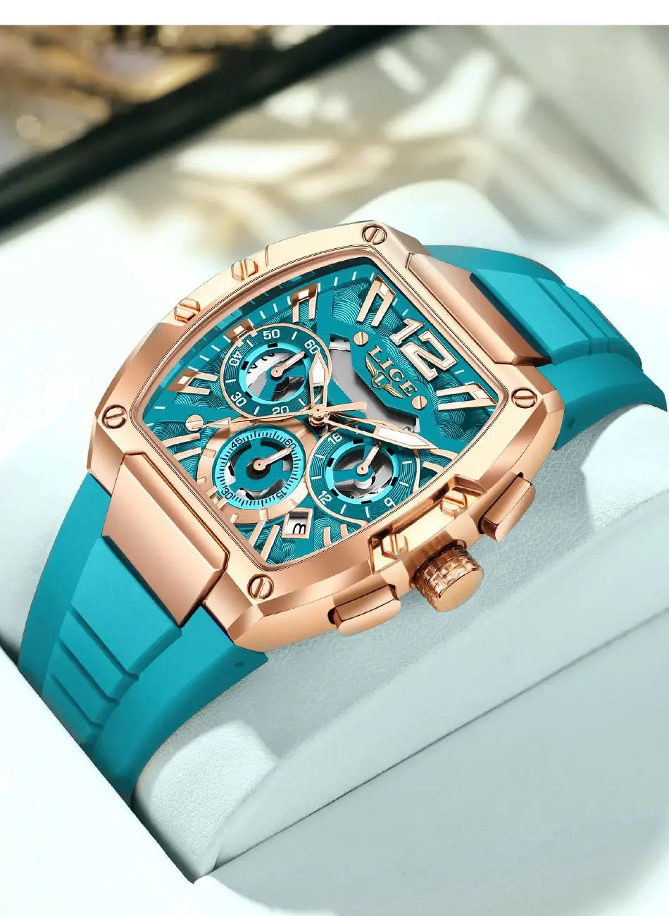 LIGE men's chronograph watch with turquoise silicone strap and rose-gold case, featuring three subdials and calendar.