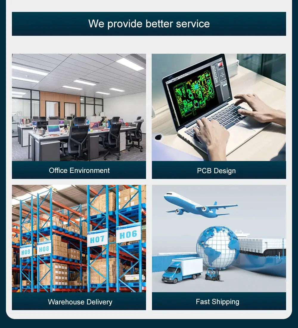Simples Market service grid with four panels: Office Environment, PCB Design, Warehouse Delivery, and Fast Shipping.