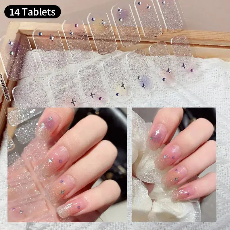 Full Cover Nail Stickers by Simples Market, glittery clear gradient with star and dot accents, 14 tablets