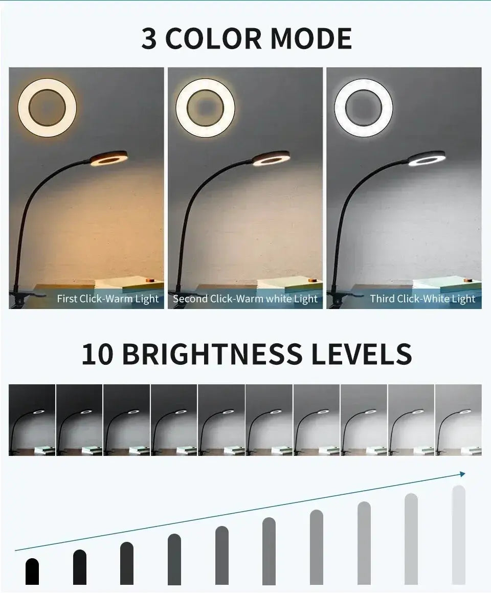 LED desk clip lamp with USB, 3 color modes and 10 brightness levels, flexible black reading light