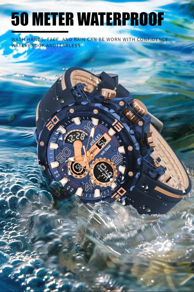 Men's military-style sport watch by Simples Market, blue with rose-gold accents, 50m waterproof, digital-analog with LED
