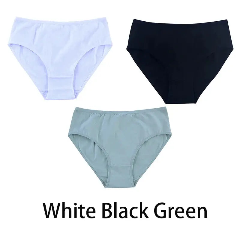 3-piece set of women's seamless cotton panties in white, black, and green.