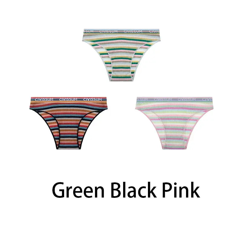 3pcs women's cotton half-hip panties set in rainbow stripes; green, black, pink colorways, Simples Market NK606