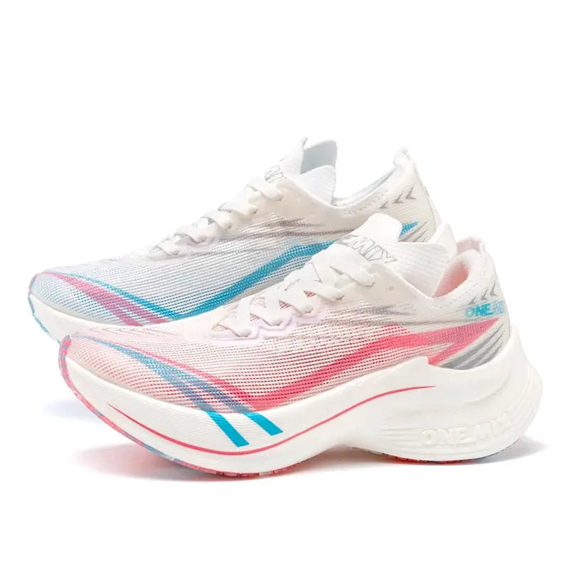 ONEMIX 2026 Tupo running shoes pair, white with pink/blue accents, ultralight carbon-plate marathon sneakers