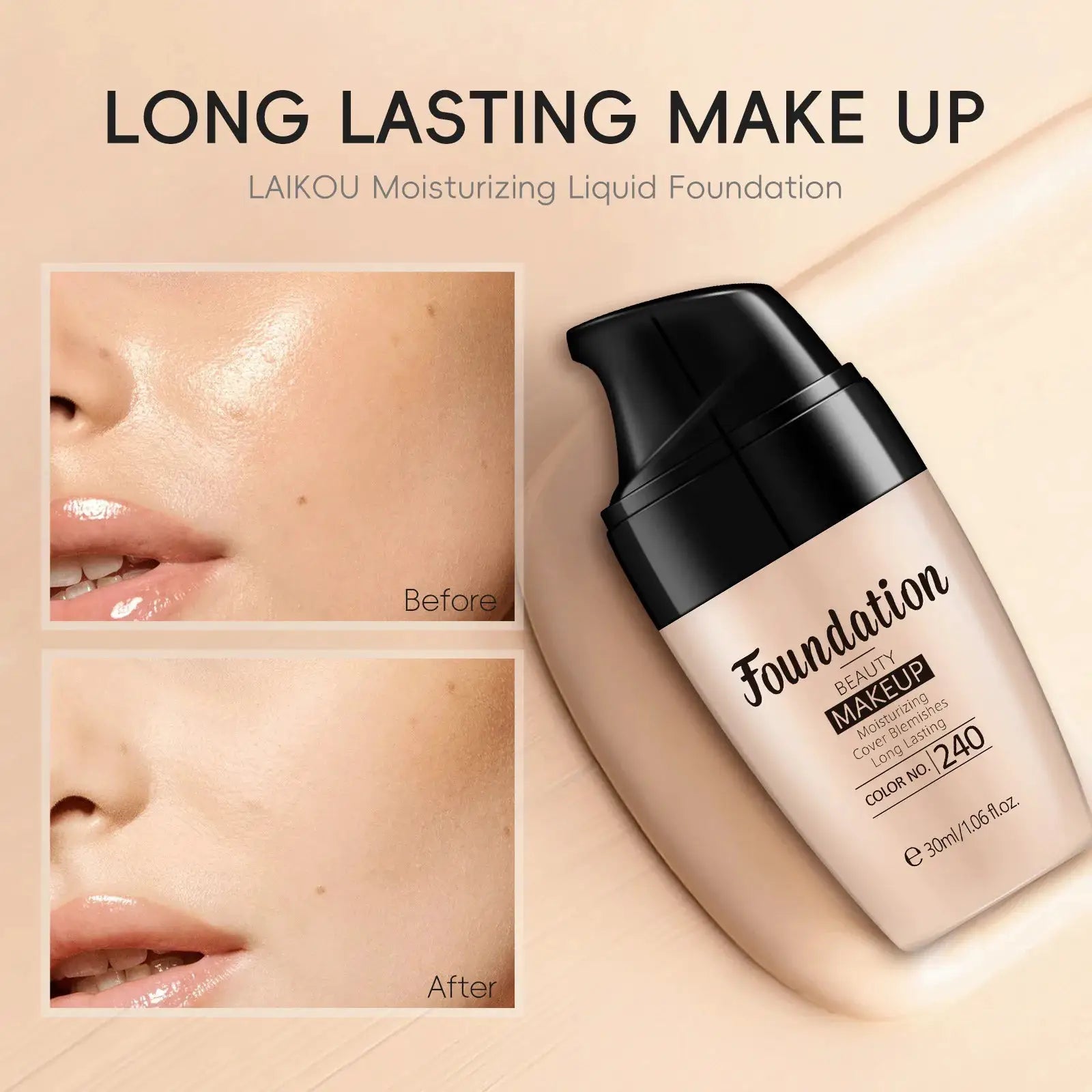 Laikou Liquid Foundation Multiple Shades Hydrating Natural Finish Creamy Full Coverage Makeup Base Longwear 30ml