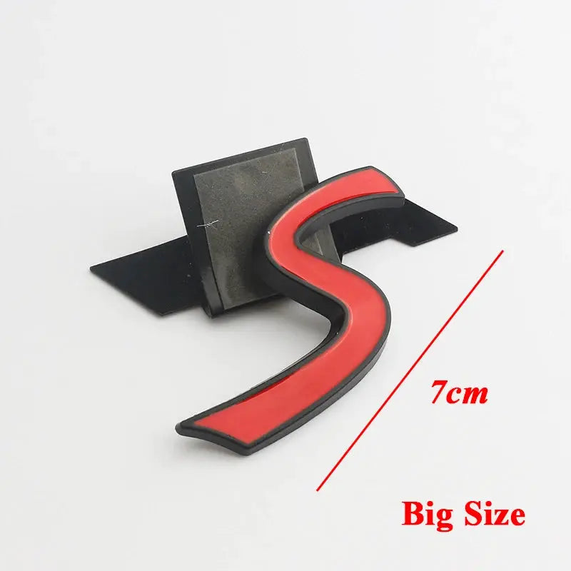 3D metal S car grille badge emblem, red with black edge, mounting backplate, 7 cm large size