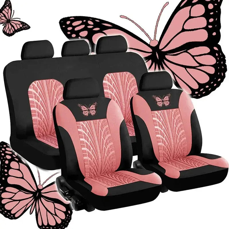 Car seat cover full set by Simples Market, pink butterfly pattern with black panels; front seats and rear bench covers