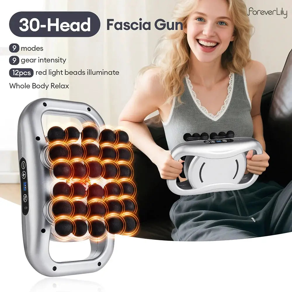 30-Head fascia gun massager in silver with orange-lit heads, ForeverLilly brand