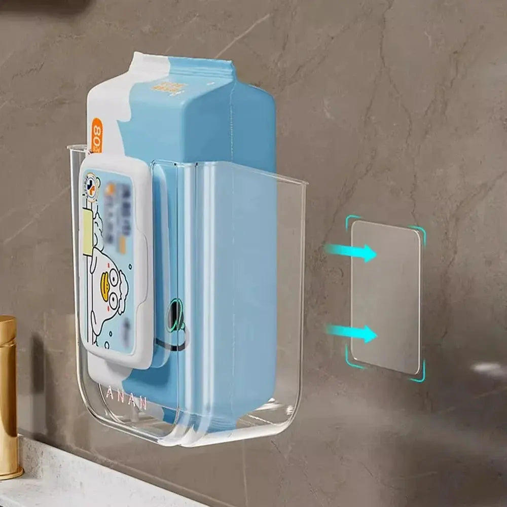 Wall-mounted tissue storage box in clear acrylic with blue interior and large opening