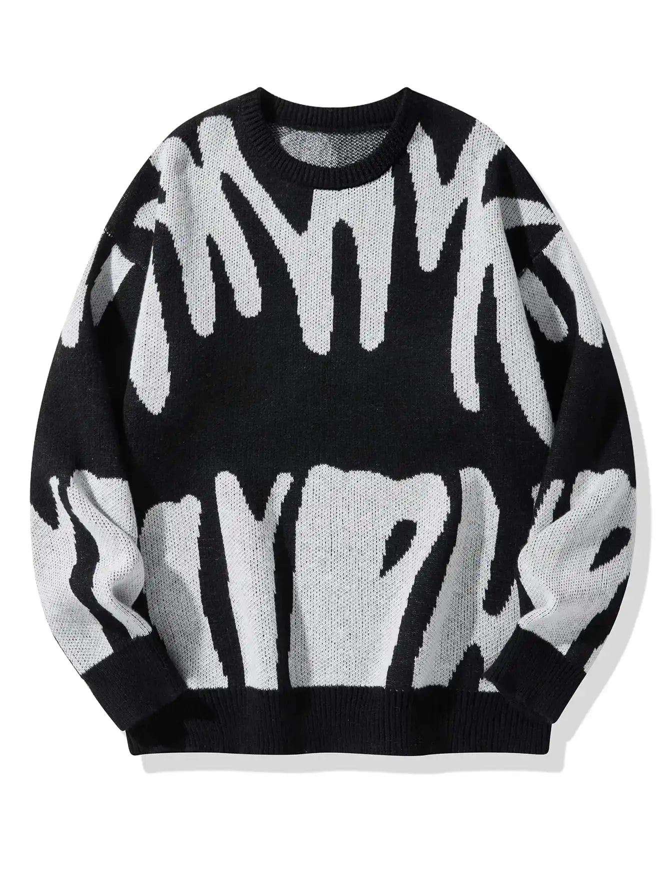 Men's knit pullover sweater with black and white abstract jacquard pattern and round neck.